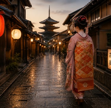 A Japanese geisha in a pink kimono walks through a historic Kyoto street toward the Yasaka Pagoda at sunset.