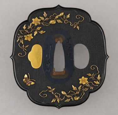 Antique Japanese katana tsuba featuring gold floral carvings and a butterfly on black metal.