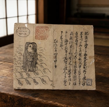 Vintage Japanese woodblock print of an Amabie yokai on aged paper with calligraphy.