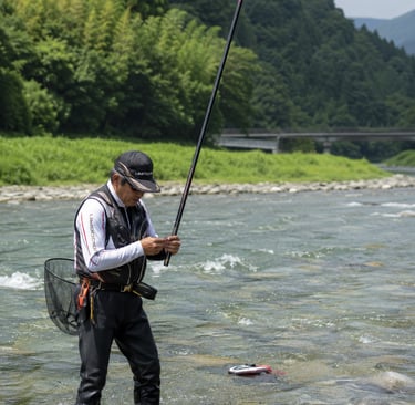 An experienced angler fishing in a shallow river with a long rod and professional fly fishing gear.
