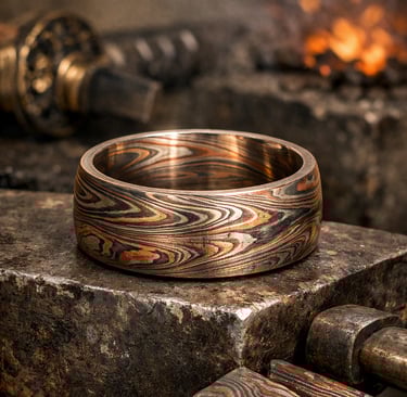 Mokume-Gane Ring aus geschichtetem Kupfer und Stahl auf einem Amboss in der Schmiede, japanische Dam