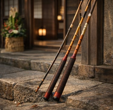 Japanese fishing rods displayed at the entrance of a traditional Japanese house, showcasing precisio