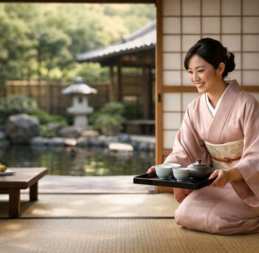 Omotenashi – japanische Gastfreundschaft in traditionellem Ryokan, Kimono-Gastgeberin serviert Tee