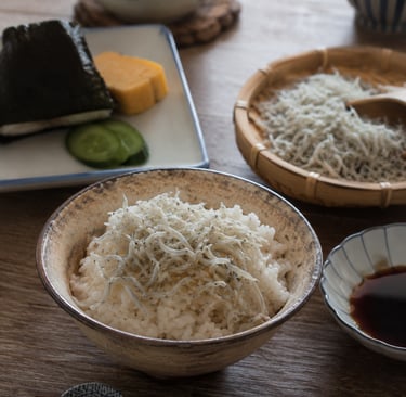 Traditional Japanese breakfast with a bowl of steamed white rice topped with whitebait shirasu and onigiri.