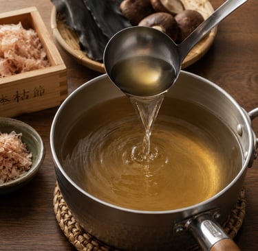 Ladle pouring clear Japanese dashi stock into a pot with kombu, shiitake, and bonito flakes.