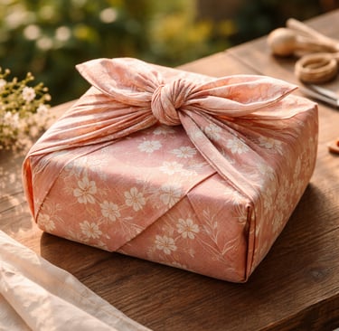 „Rosa Furoshiki-Geschenkverpackung mit Sakura-Muster und Schleifenknoten, kasumiya-japan.de, auf Hol