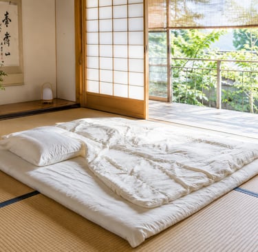 Traditional Japanese ryokan room featuring a white futon mattress on tatami flooring with shoji doors.