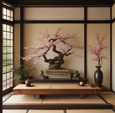Bright living room with modern inventorytraditioneller japanischer Bonsai – handgepflegte japanische