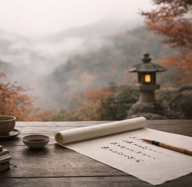 handgeschriebenes Gedicht auf Reispapier mit Kalligrafiepinsel auf Holztisch, daneben Teeschale und