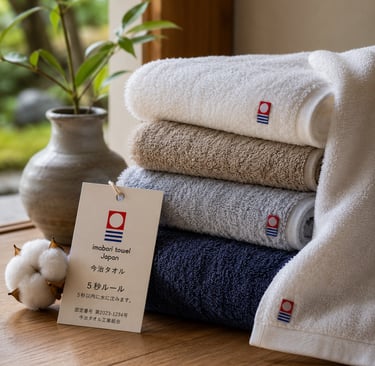 Stack of premium Imabari cotton towels in neutral colors on a wooden table with a product tag.