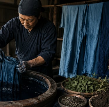 A Japanese artisan hand-dyeing fabric in a traditional indigo vat with blue textiles drying.