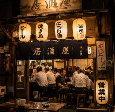 Customers dining inside a traditional Japanese izakaya with glowing lanterns and wooden signage at night.