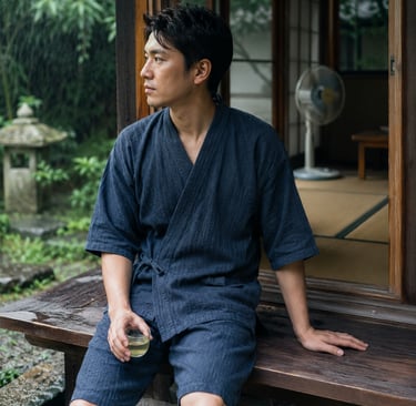 A man in a navy blue jinbei sitting on a wooden porch of a traditional Japanese house during a rain shower.