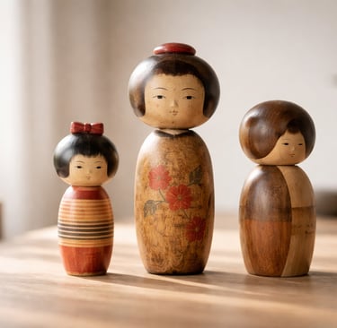 Three vintage Japanese kokeshi wooden dolls with hand-painted floral designs on a sunny table.