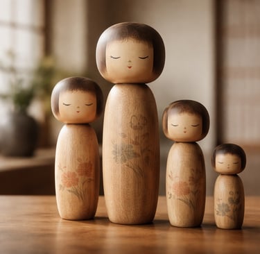 Hand-painted traditional wooden Japanese Kokeshi dolls of various sizes displayed on a table.
