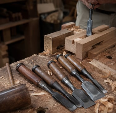 A woodworker uses a sharp hand chisel to carve a mortise joint in a rustic woodworking shop.