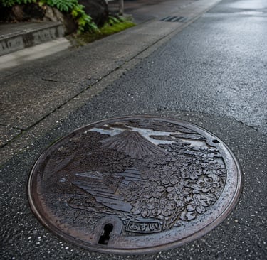 Decorative Japanese manhole cover featuring Mount Fuji and cherry blossoms on a wet street in Japan.