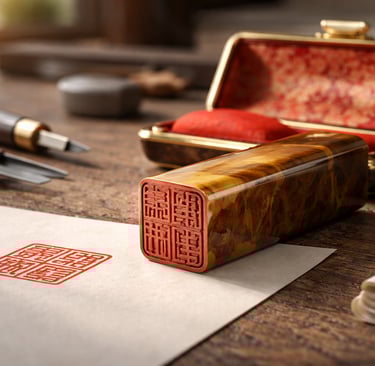 Japanischer Hanko/Inkan (Namensstempel) mit rotem Stempelabdruck auf Papier, auf Holztisch neben Ste