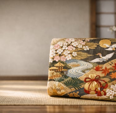 Elegant Japanese silk kimono obi featuring embroidered cranes, cherry blossoms, and autumn leaves on a tatami mat.