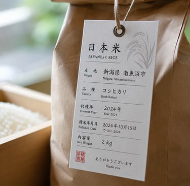 Bag of premium Japanese Koshihikari rice from Niigata with a detailed product information tag.