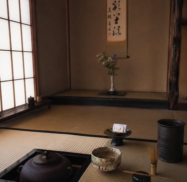 Traditional Japanese tea ceremony room with matcha whisk, ceramic bowl, and kettle on tatami mats.