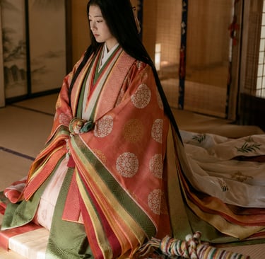A Japanese woman wearing a traditional Junihitoe twelve-layered kimono sitting in a classic tatami room.