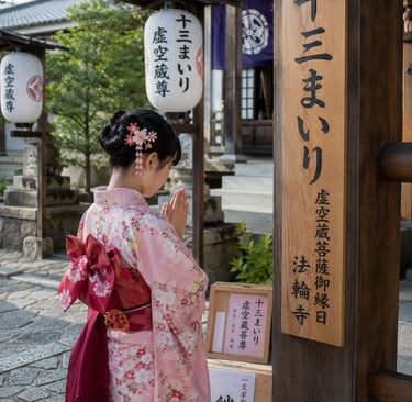 A young girl in a pink floral kimono prays at a traditional Japanese temple during a Jusan Mairi ceremony.