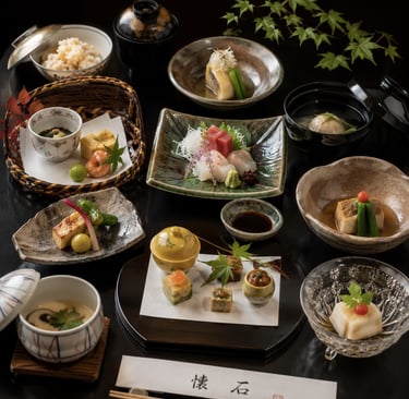 Traditional Japanese kaiseki meal set with sashimi, miso soup, and small seasonal dishes on a dark table.