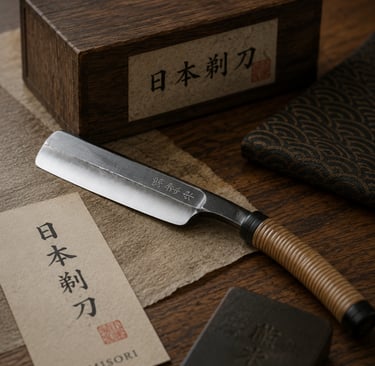 Traditional Japanese Kamisori straight razor with a wrapped handle next to its wooden storage box.