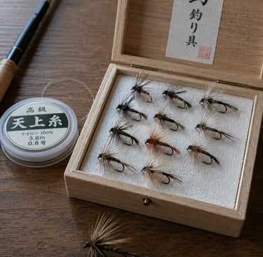 Handcrafted Japanese Tenkara flies in a wooden box with fishing line and rod on a desk.