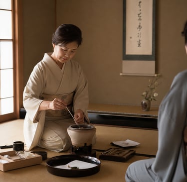 A Japanese woman in a traditional kimono performs a tea ceremony on a tatami mat.