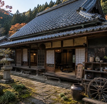 Traditional Japanese kominka farmhouse with tiled roof and shoji doors in a mountain setting.