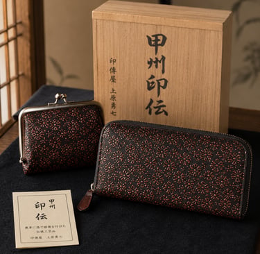 Traditional Japanese Koshu Inden patterned leather long wallet and coin purse with a wooden gift box.