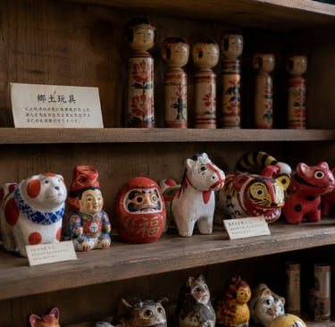 Vintage Japanese folk toys including wooden Kokeshi dolls and a red Daruma on a wooden shelf.