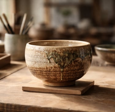 Handmade ceramic pottery bowl with green drip glaze on a wooden table in a sunlit artist studio.
