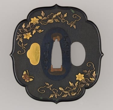 Authentic Japanese katana tsuba with gold inlay and floral vine motif, Edo period style sword guard 