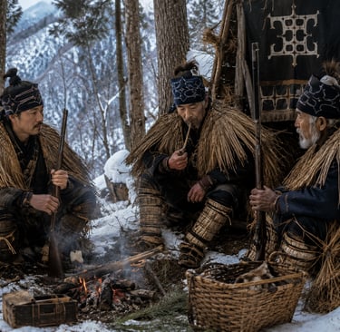 Ainu hunters in traditional straw capes resting by a campfire in a snowy winter forest with rifles.