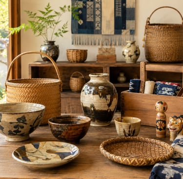 Rustic Japanese pottery, woven baskets, and kokeshi dolls on a wooden table in a traditional interior.
