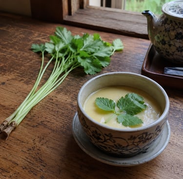 Traditional Japanese chawanmushi savory egg custard in a ceramic bowl with mitsuba garnish on a wooden table.