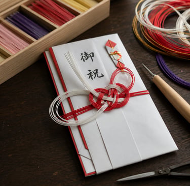 A traditional Japanese Mizuhiki gift envelope with red and white decorative cord knot on a wooden table.