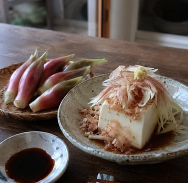 Hiyayakko Japanese cold tofu topped with katsuobushi and sliced myoga ginger on a ceramic plate.