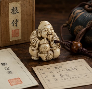 Antique Japanese netsuke carving of a smiling deity with wooden box and authenticity documents.
