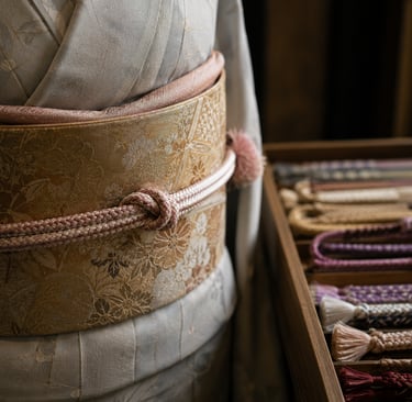 Elegant Japanese kimono with a gold floral obi belt and pink braided obijime cord.
