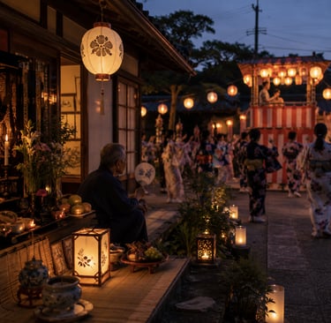 An elderly man watches a Japanese Obon festival dance with paper lanterns and people in yukatas.