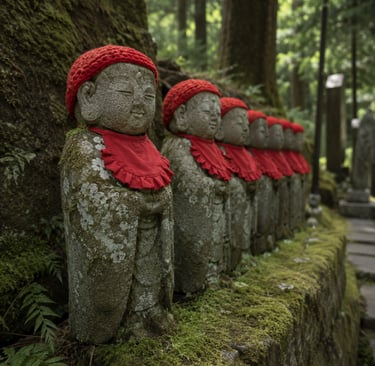 Six stone Jizo statues wearing red crocheted hats and bibs along a mossy path in a Japanese forest.
