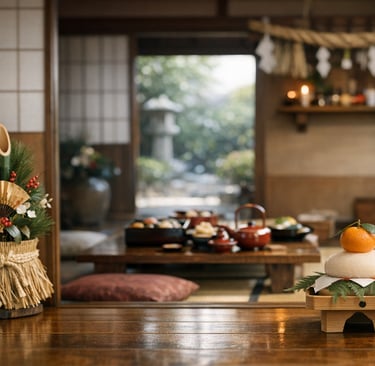 Traditional Japanese New Year decorations including Kadomatsu and Kagami mochi in a classic tatami room.