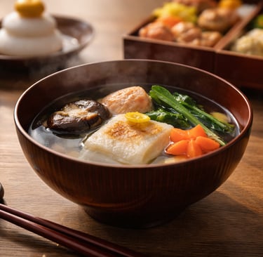 Ozōni (お雑煮), traditionelle japanische Neujahrssuppe: klare Dashi-Brühe mit gegrilltem Mochi, Shiitak