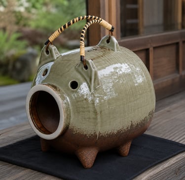 A traditional Japanese green ceramic katori buta pig mosquito coil holder on a wooden porch.