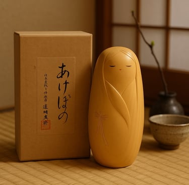 „Handgefertigte Kokeshi-Holzpuppe aus Manufakturarbeit, stehend neben einer japanischen Geschenkbox