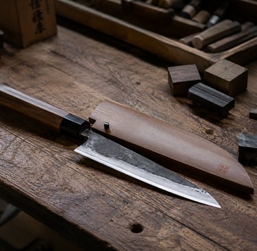 Handcrafted Japanese chef knife with a wooden handle and matching saya sheath on a rustic wood workbench.
